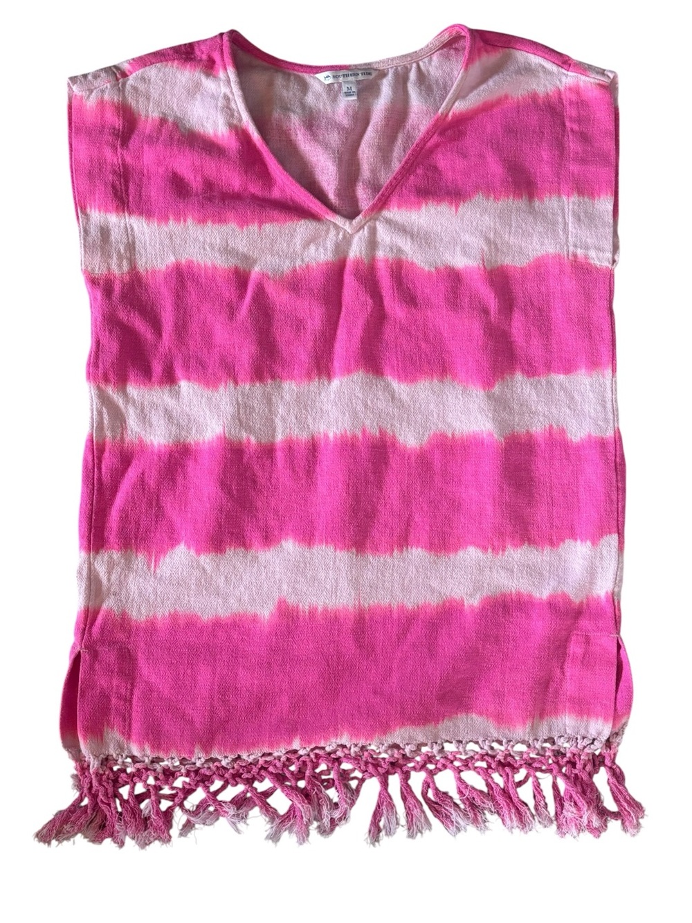 Southern Tide Pink & White Tie-Dye Fringe V-Neck Coverup